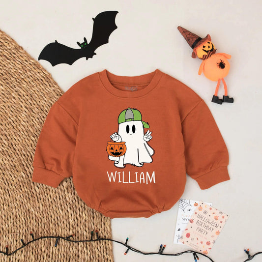 Personalized Ghost Romper: William's First Halloween! Cute Spooky Baby Outfit with Green Hat Pumpkin, Custom Name Bodysuit, Unique Spooky Season Gift