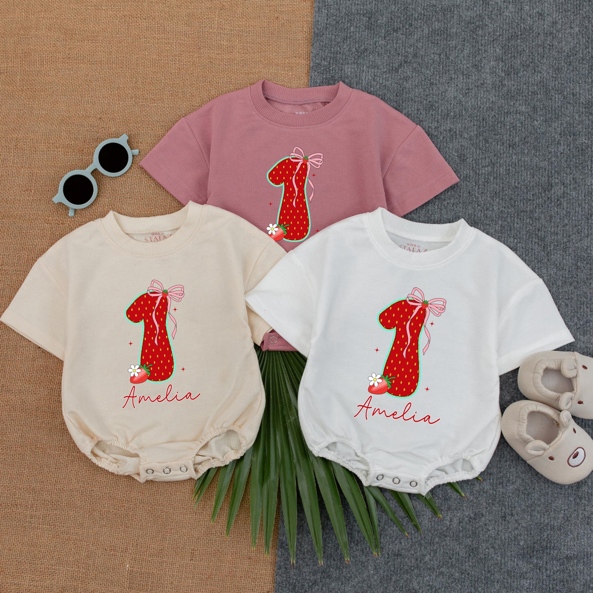 Custom Baby Girl 1st Birthday Strawberry Romper with Name It's My Berry First Birthday Outfit Pink Bow Green Leaf Summer Bubble One Piece Cheerful Celebration