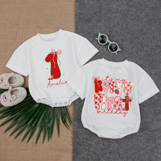 Custom Baby Girl 1st Birthday Strawberry Romper with Name It's My Berry First Birthday Outfit Pink Bow Green Leaf Summer Bubble One Piece Cheerful Celebration