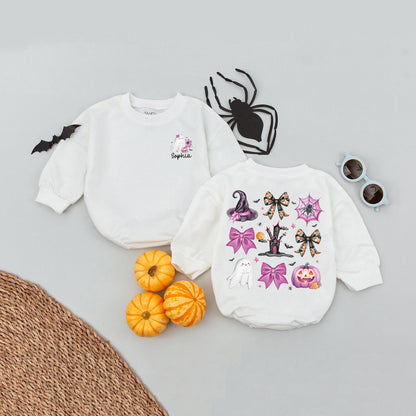 Custom Name Pink Pumpkin Girls Halloween Baby Romper Cute Ghost Bow Toddler Babysuit Birthday