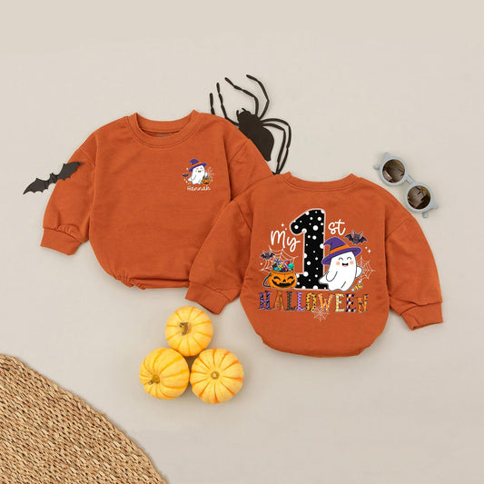 Custom Name My First Halloween Pumpkin Baby Romper Newborn Spooky Season Babysuit 1st Fall Celebration Outfit Soft Cotton Baby Announcement Gift