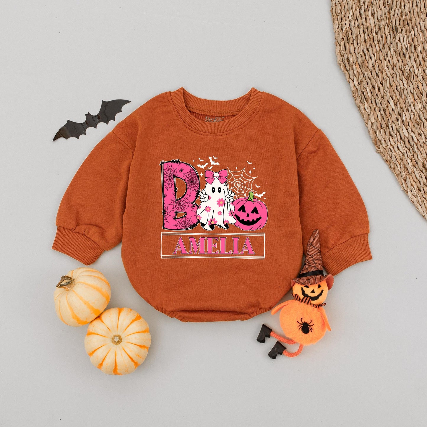 Custom Name Ghost Girls Halloween Boo Baby Romper, Retro Toddler Boo Shirt, Spooky Girl Babysuit, Personalized Ghost Girl Name