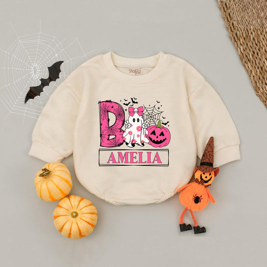 Custom Name Ghost Girls Halloween Boo Baby Romper, Retro Toddler Boo Shirt, Spooky Girl Babysuit, Personalized Ghost Girl Name