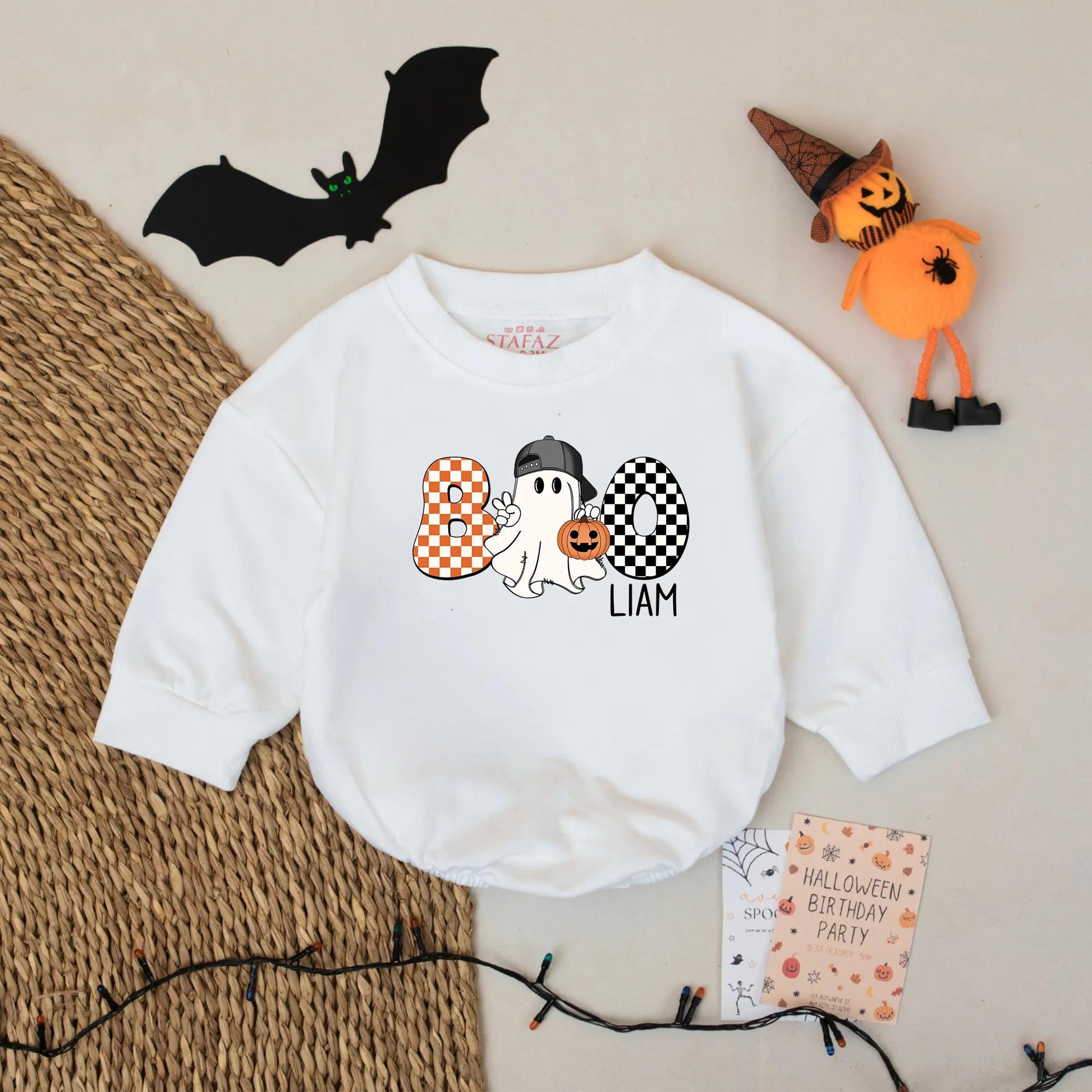 Boo Ghost Bubble Romper Personalized Liam Halloween Outfit Custom Name Fall Baby Bodysuit