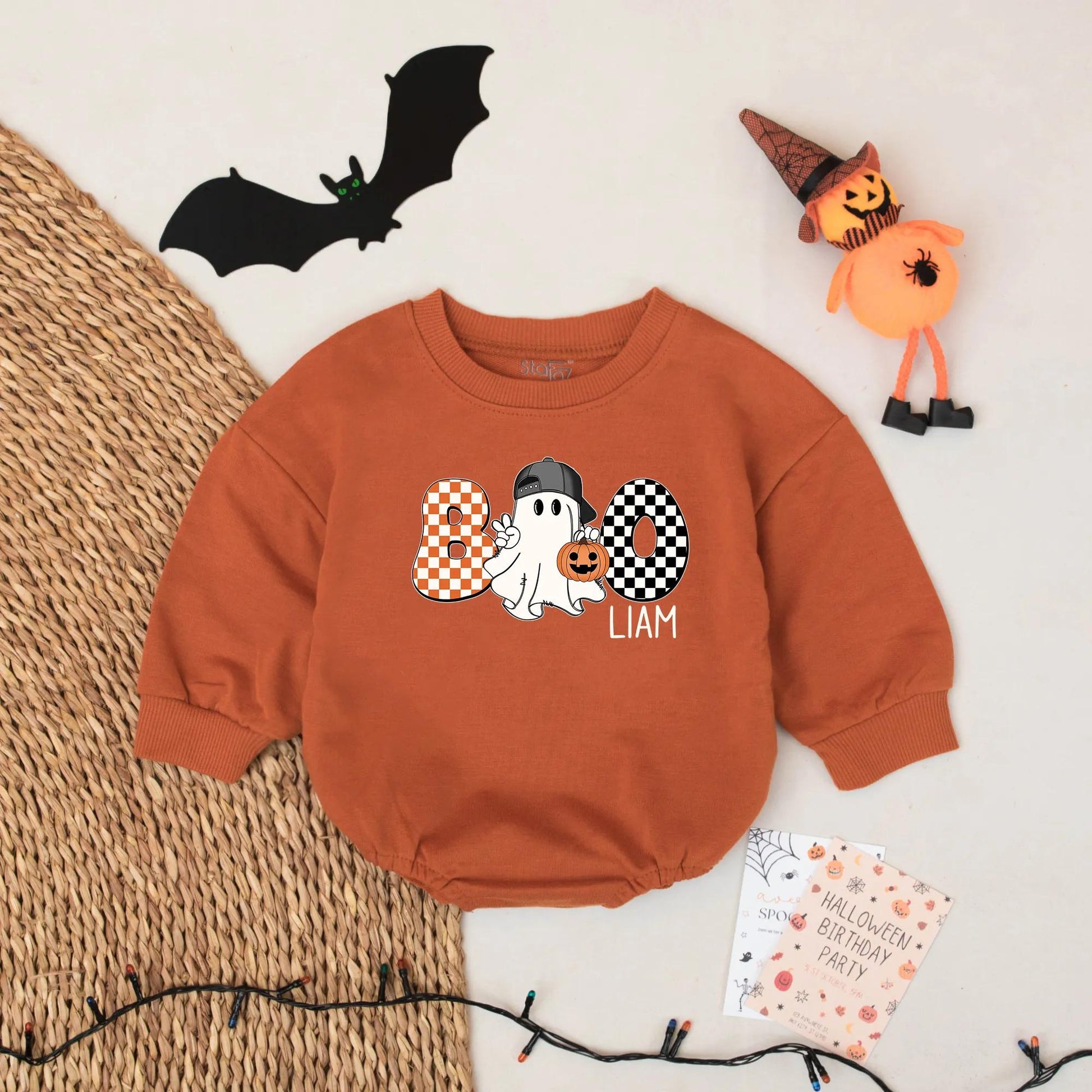 Boo Ghost Bubble Romper Personalized Liam Halloween Outfit Custom Name Fall Baby Bodysuit