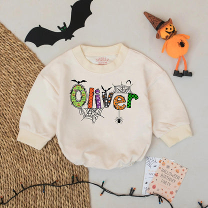 Oliver's Spooky Halloween Romper: Custom Name Spiderweb Bodysuit - Personalized Baby Outfit with Bats, Pumpkins & Candy - Festive Infant Costume Gift