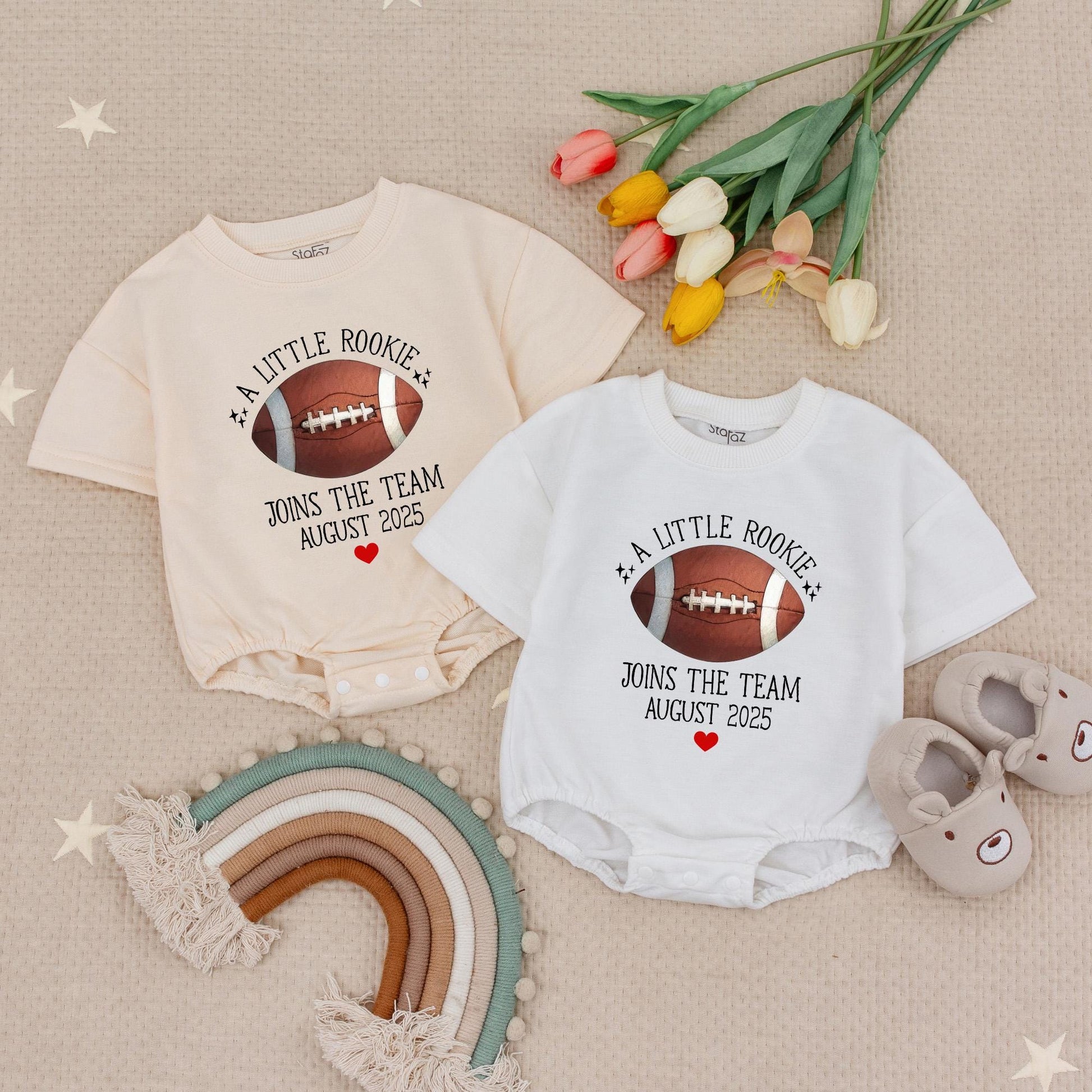 Personalized Date 'A Little Rookie' Joins The Team Football Baby Romper Baby Announcement Gift Boy Girl