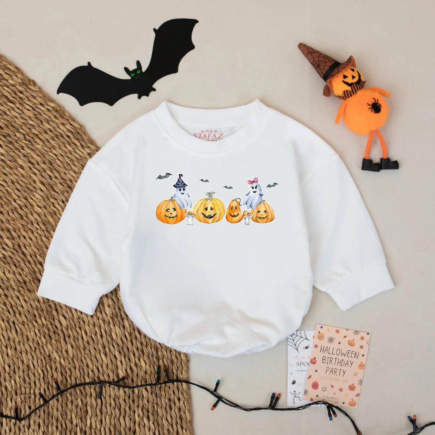 Baby's Spooky Halloween Romper with Ghosts & Pumpkins - Custom Name Fall Outfit - Baby Bodysuit Gift (139 char)