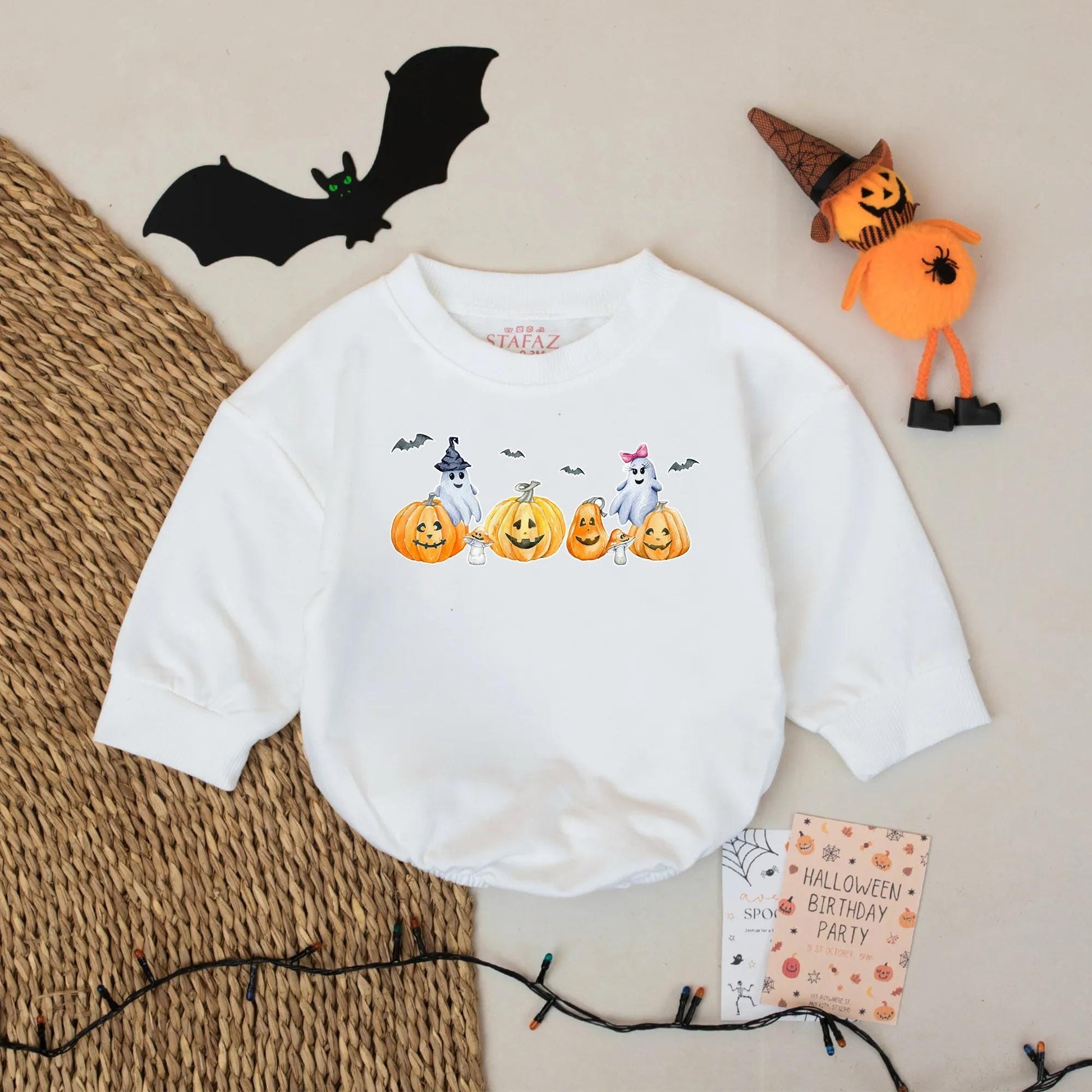 Baby's Spooky Halloween Romper with Ghosts & Pumpkins - Custom Name Fall Outfit - Baby Bodysuit Gift (139 char)