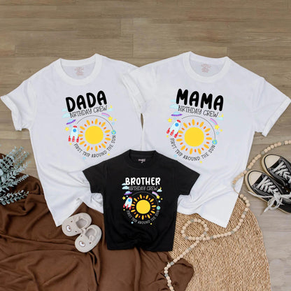 Custom First Trip Around The Sun Birthday Girl Shirt Matching Family Party Tees Sun Outfit Pink Purple Blue