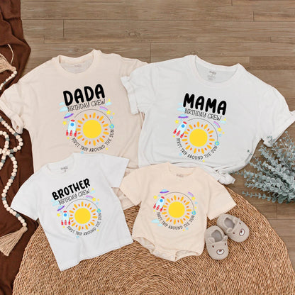 Custom First Trip Around The Sun Birthday Girl Shirt Matching Family Party Tees Sun Outfit Pink Purple Blue