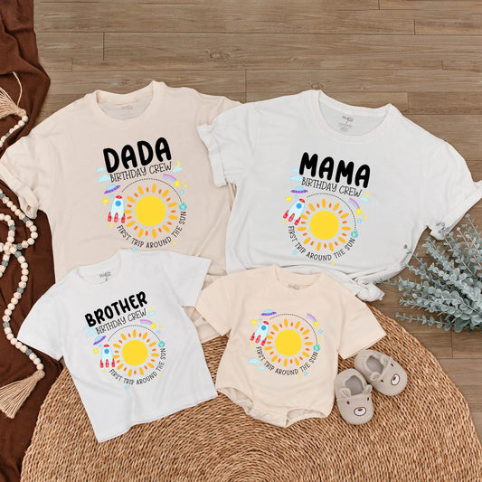 Custom First Trip Around The Sun Birthday Girl Shirt Matching Family Party Tees Sun Outfit Pink Purple Blue