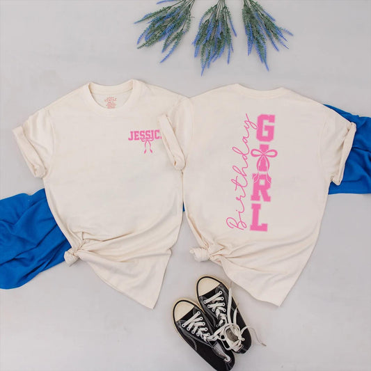 Birthday Girl Pink Bow Tee Custom Name Birthday Outfit Personalized Cute Party Clothes Gift for Her