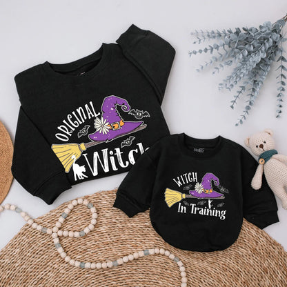 Original Witch & Witch in Training Matching Sweatshirt Cute Halloween Family Outfit Custom Mom Baby Spooky Season Gift Witch Hat Broom