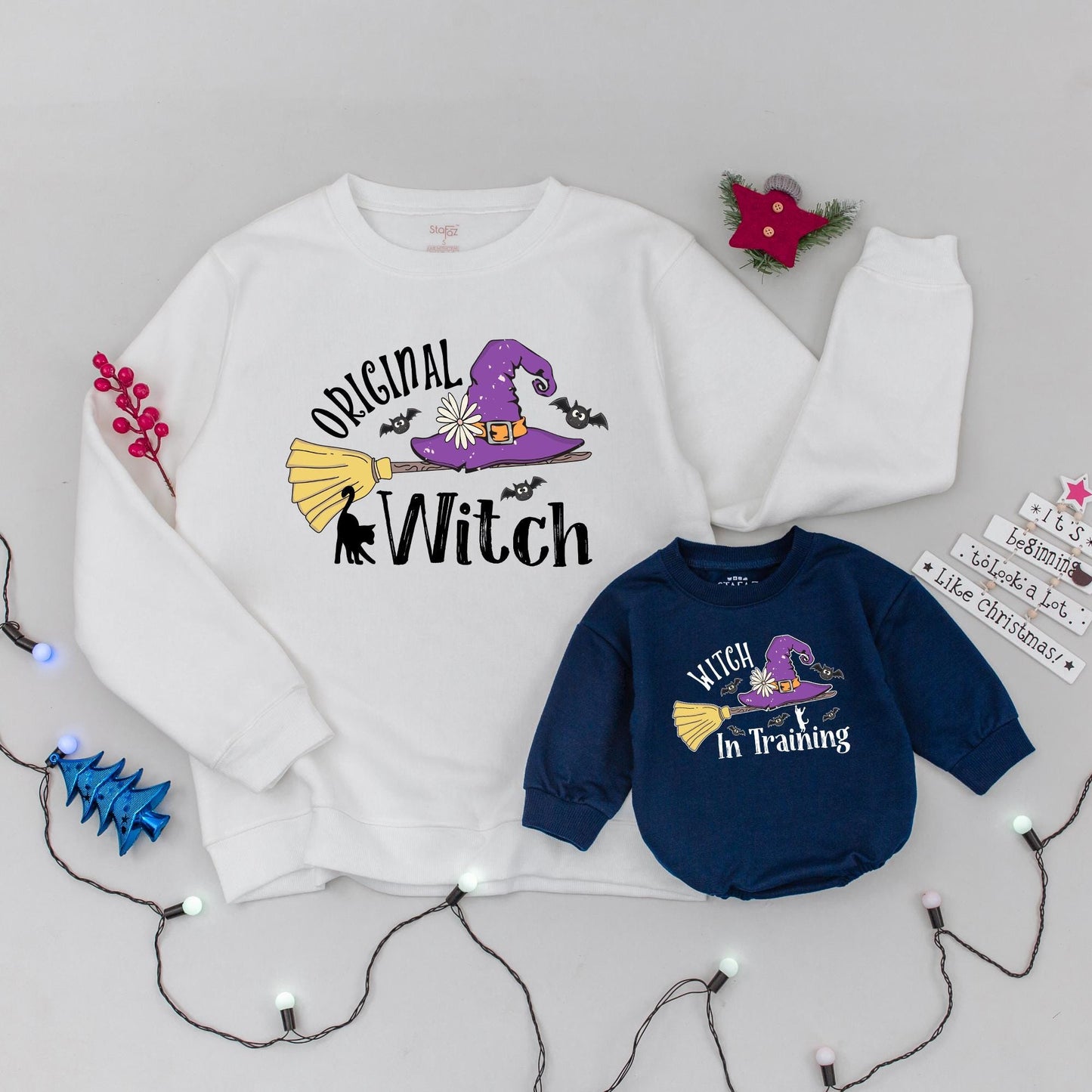 Original Witch & Witch in Training Matching Sweatshirt Cute Halloween Family Outfit Custom Mom Baby Spooky Season Gift Witch Hat Broom