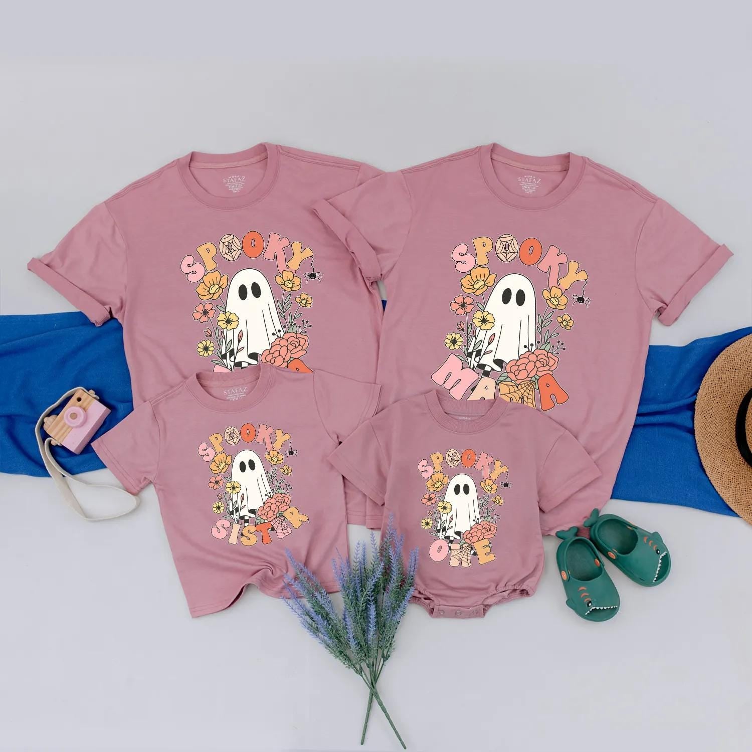 Spooky Family Matching Shirts Retro Ghost & Floral Halloween Tees, Cute Custom Outfit, Baby Romper, Family Matching, Trick or Treat
