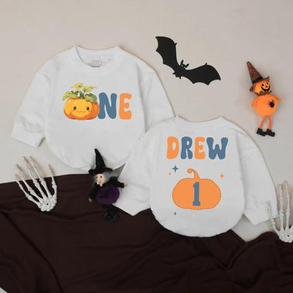 Little Pumpkin One Birthday Romper Custom Name Fall Baby Bodysuit Halloween Baby Gift Personalized 1st Birthday Outfit