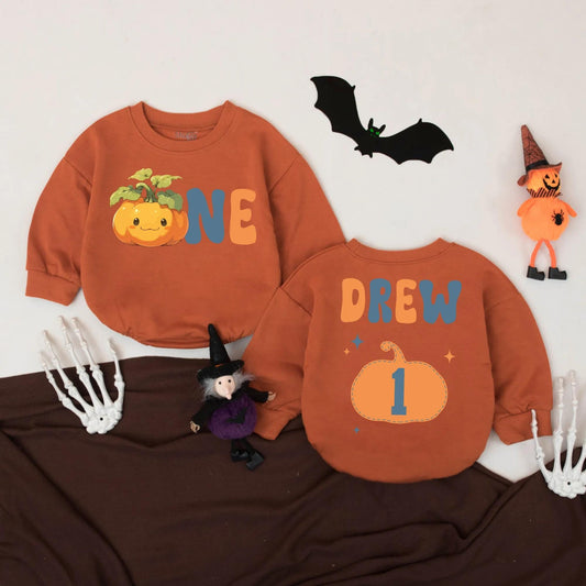 Little Pumpkin One Birthday Romper Custom Name Fall Baby Bodysuit Halloween Baby Gift Personalized 1st Birthday Outfit