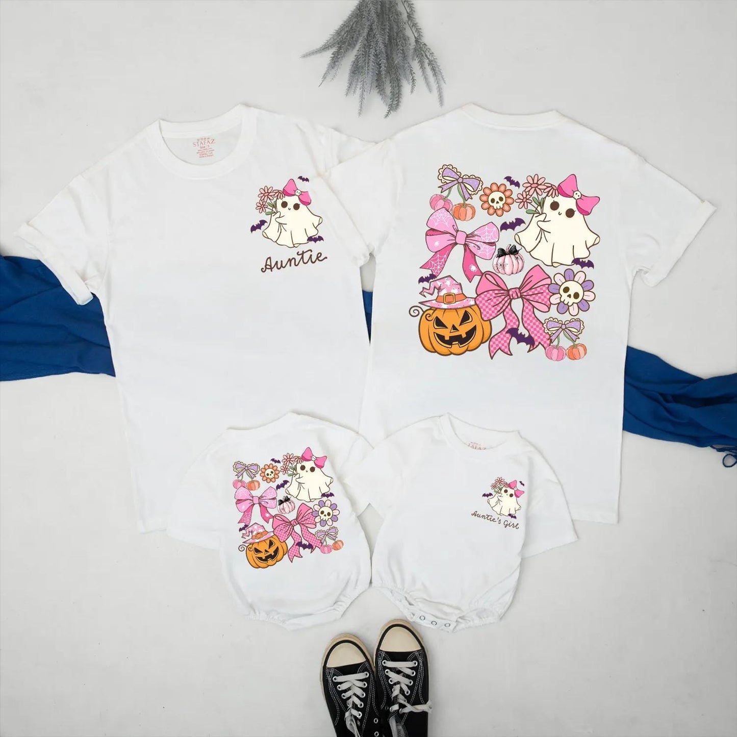 Cute Ghost Auntie and Niece Halloween Matching Family Shirt Spooky Season Outfit with Pink Pumpkin Design