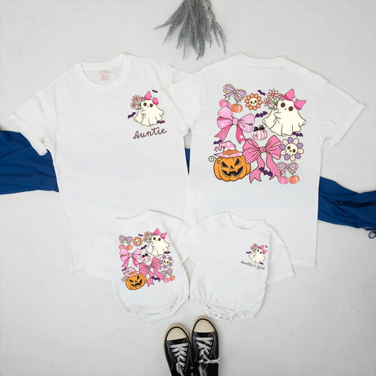Cute Ghost Auntie and Niece Halloween Matching Family Shirt Spooky Season Outfit with Pink Pumpkin Design