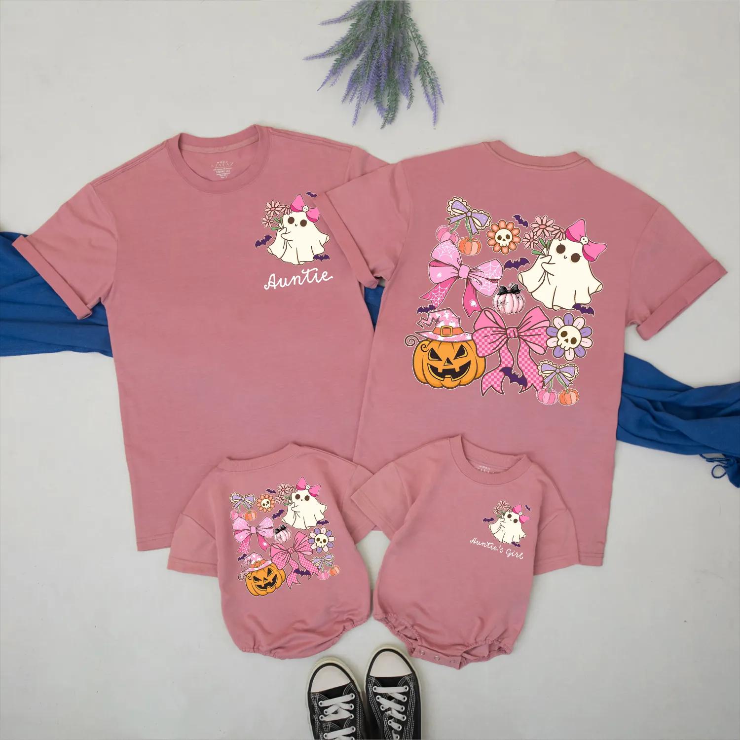 Cute Ghost Auntie and Niece Halloween Matching Family Shirt Spooky Season Outfit with Pink Pumpkin Design