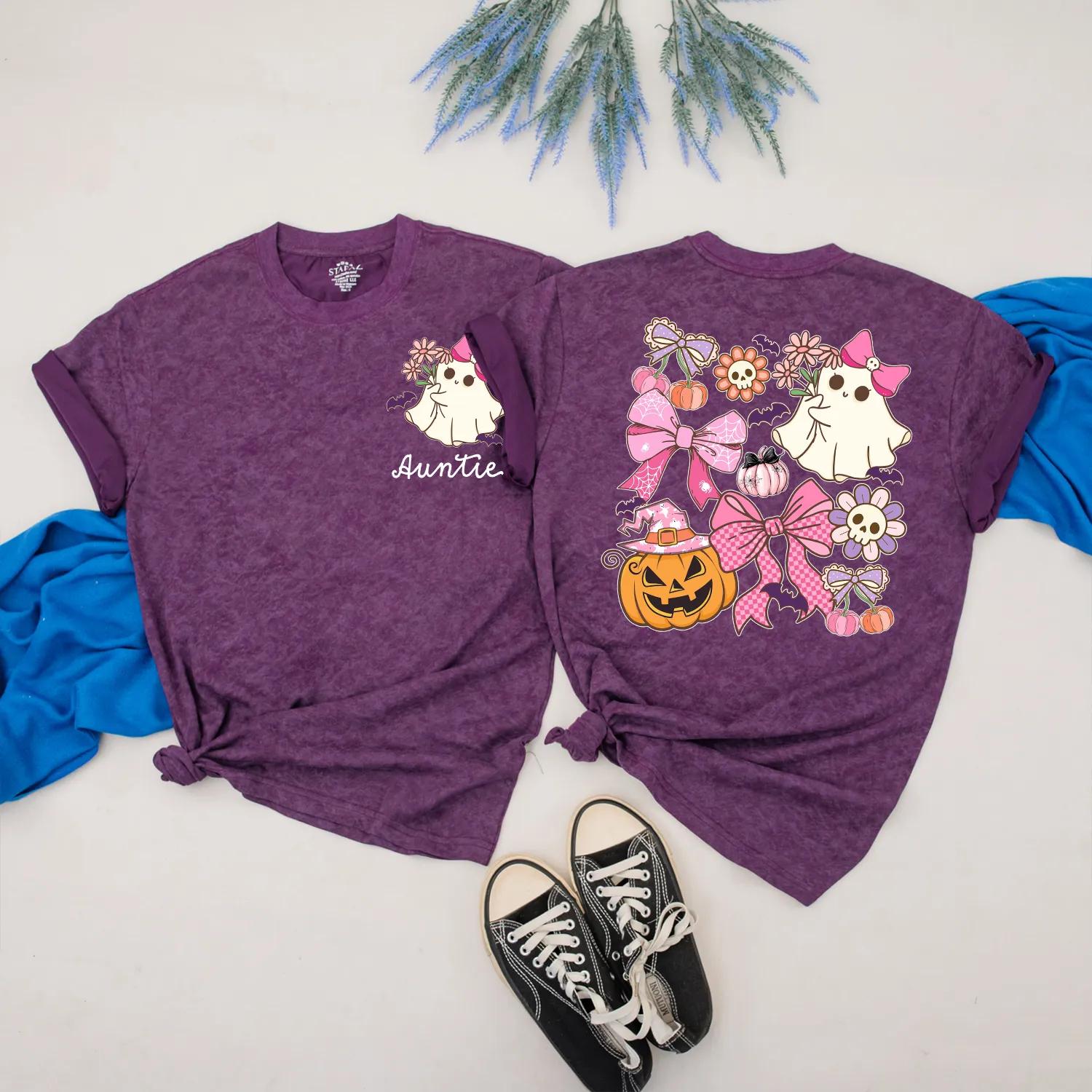 Cute Ghost Auntie and Niece Halloween Matching Family Shirt Spooky Season Outfit with Pink Pumpkin Design