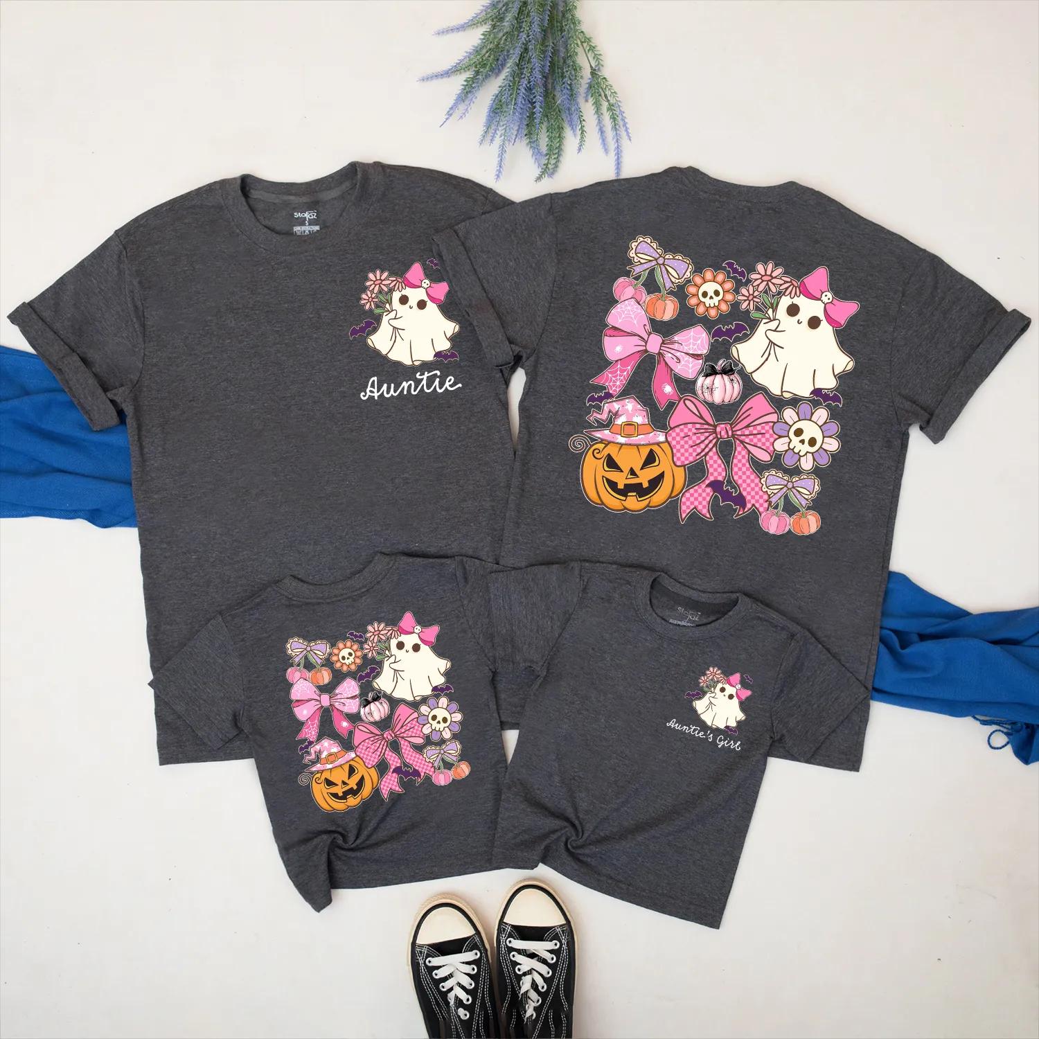 Cute Ghost Auntie and Niece Halloween Matching Family Shirt Spooky Season Outfit with Pink Pumpkin Design