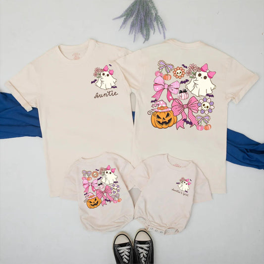 Cute Ghost Auntie and Niece Halloween Matching Family Shirt Spooky Season Outfit with Pink Pumpkin Design
