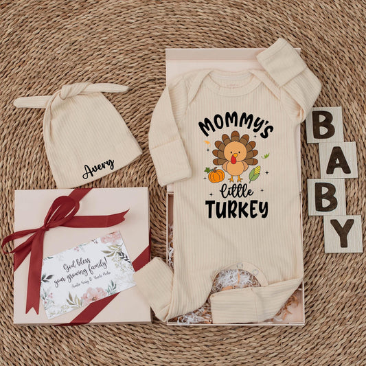 Mommy's Little Turkey Baby Bodysuit - Thanksgiving Outfit for Baby's First Turkey Day Romper Gift Fall Newborn