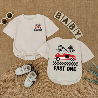 Fast One Race Car Birthday Romper for Baby Boy Custom Name Outfit First Birthday Gift Fun Red Car