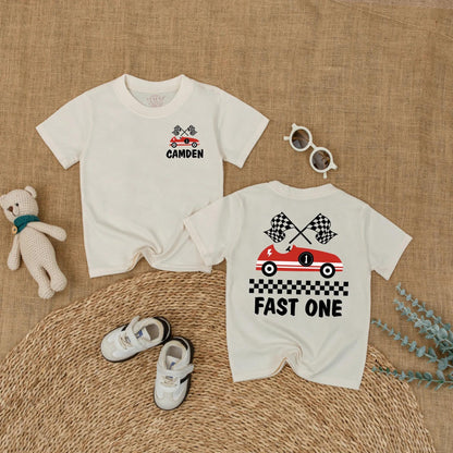 Fast One Race Car Birthday Romper for Baby Boy Custom Name Outfit First Birthday Gift Fun Red Car