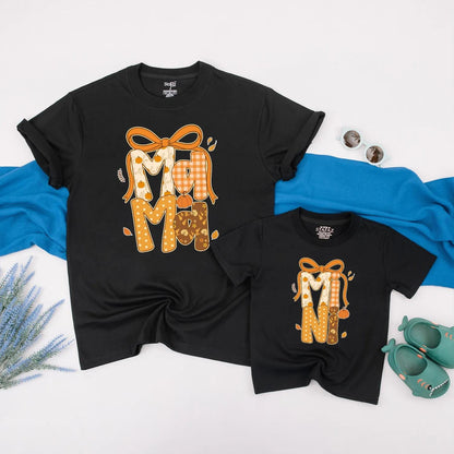 Custom Pumpkin Mama & Mini Matching Fall Shirt with Autumn Bow Design for Cozy Thanksgiving Family Outfits and Pumpkin Patch Gifts