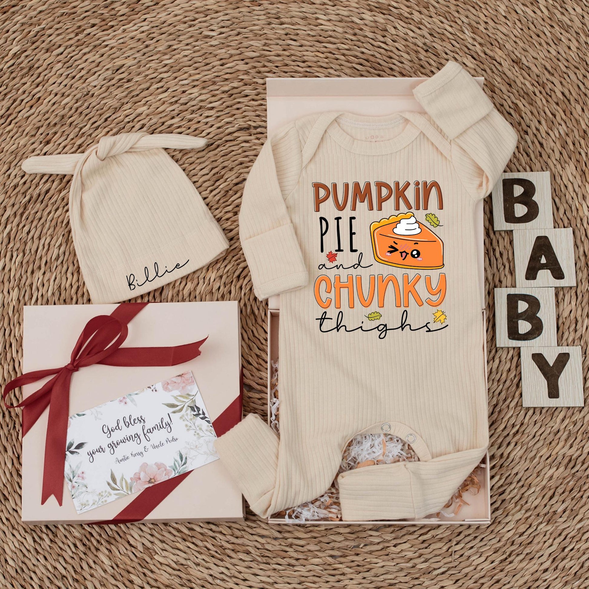 Pumpkin Pie & Chunky Thighs Baby Bodysuit Funny Thanksgiving Outfit Cozy Fall Newborn Clothes Personalized Baby Shower Gift