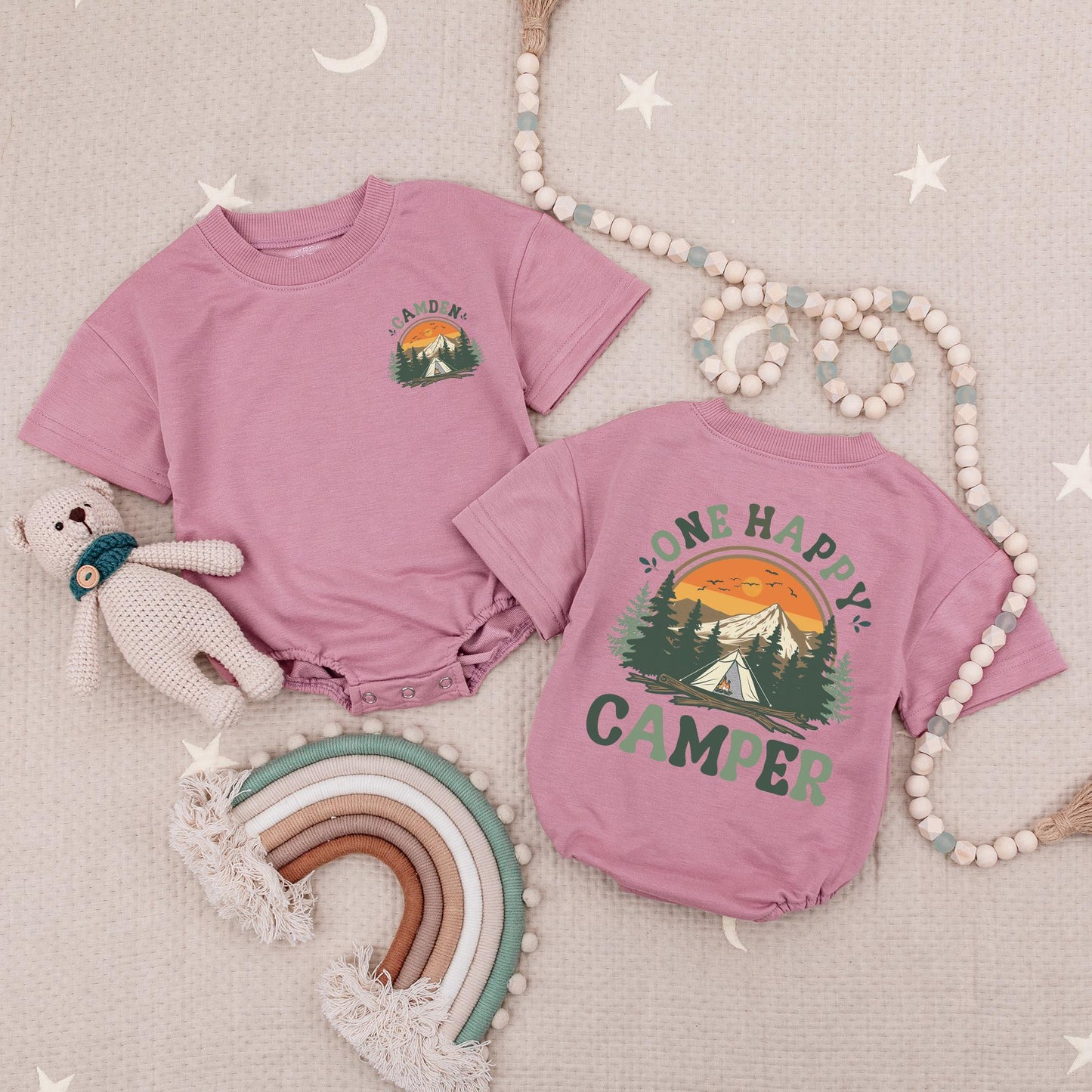 Personalized Happy Camper Romper: Sunset Mountain First Birthday Outfit, Cute Baby Bodysuit for Summer Camping Crew Adventure, Custom Name Outfit 139