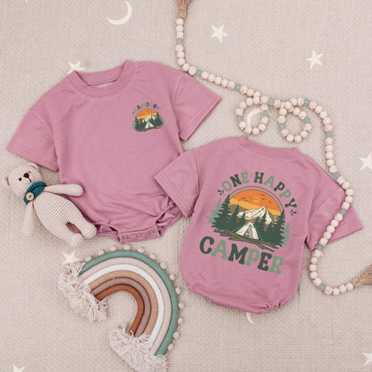 Personalized Happy Camper Romper: Sunset Mountain First Birthday Outfit, Cute Baby Bodysuit for Summer Camping Crew Adventure, Custom Name Outfit 139