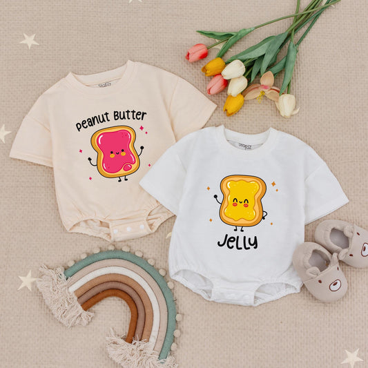 Peanut Butter Jelly Best Friends Twin Baby Romper Cute Foodie Siblings Outfits Baby Shower Gift
