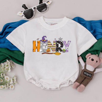 HENRY Personalized Halloween Baby Romper Spooky Season Name Outfit Witch Hat Ghosts Bats Jack-o-lantern Custom Name Gift