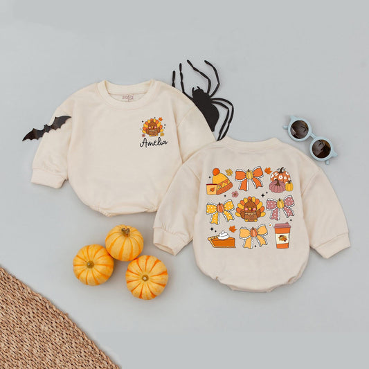 Personalized Amelia's Thanksgiving Romper: Cute Turkey & Bows, Fall Leaves Baby Outfit, Pumpkin Pie, Girly Autumn Babysuit, Warm Colors, Festive Style (138 chars)