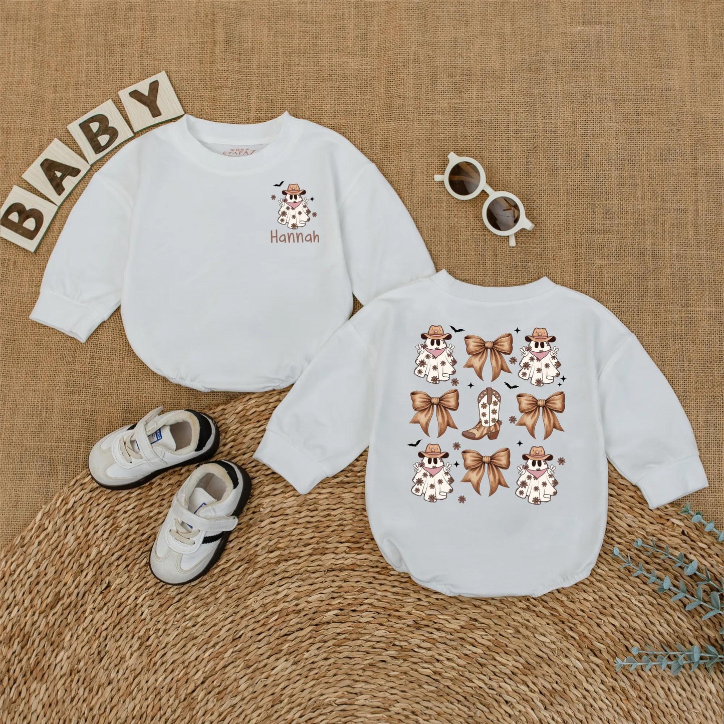 Personalized Hannah Ghost Cowboy Baby Romper Halloween Bodysuit, Western Baby Girl Outfit, My First Halloween Gift, Cute Cowboy Ghost Design