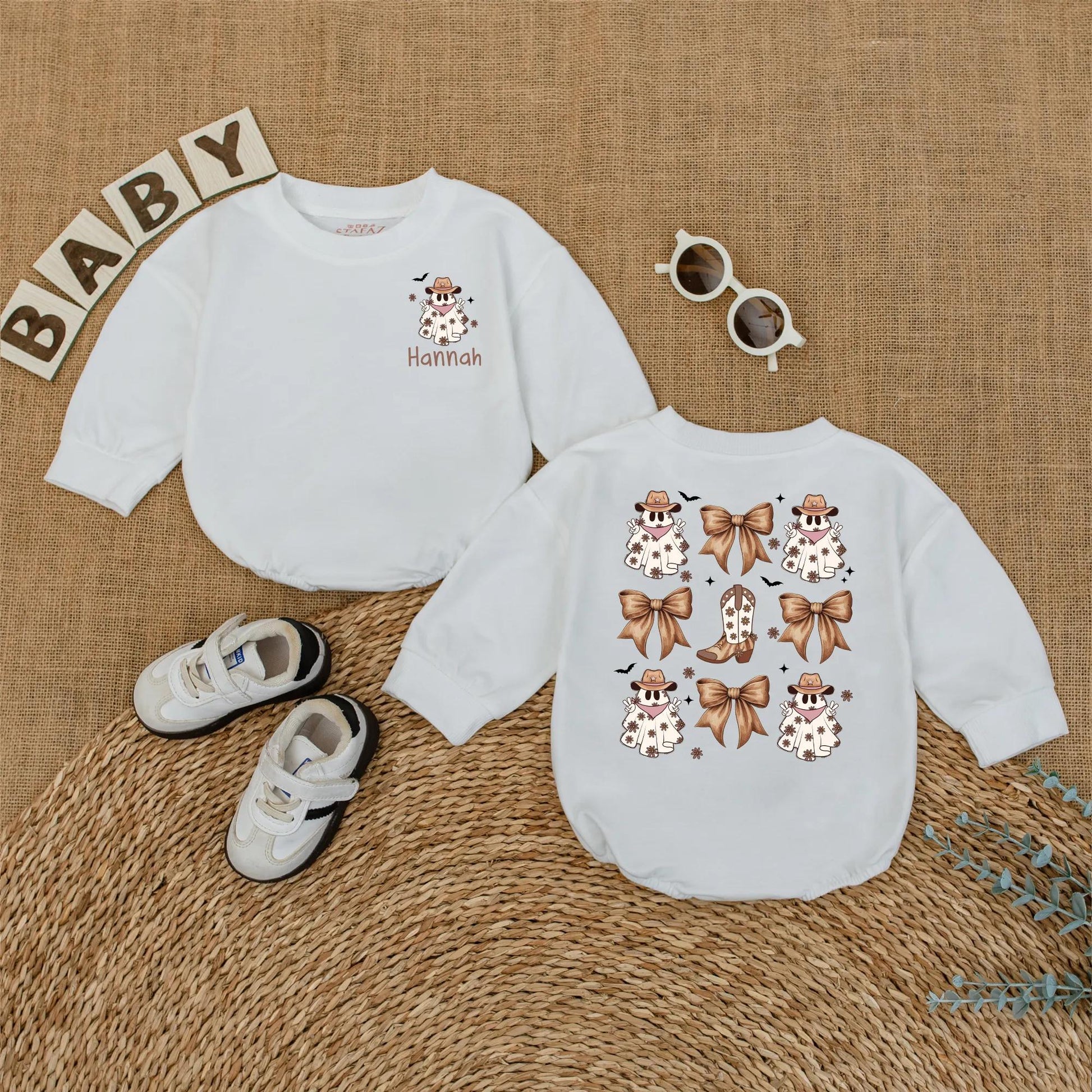Personalized Hannah Ghost Cowboy Baby Romper Halloween Bodysuit, Western Baby Girl Outfit, My First Halloween Gift, Cute Cowboy Ghost Design