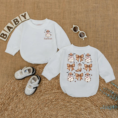 Personalized Hannah Ghost Cowboy Baby Romper Halloween Bodysuit, Western Baby Girl Outfit, My First Halloween Gift, Cute Cowboy Ghost Design