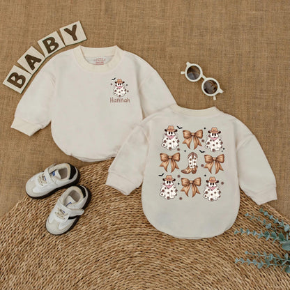 Personalized Hannah Ghost Cowboy Baby Romper Halloween Bodysuit, Western Baby Girl Outfit, My First Halloween Gift, Cute Cowboy Ghost Design