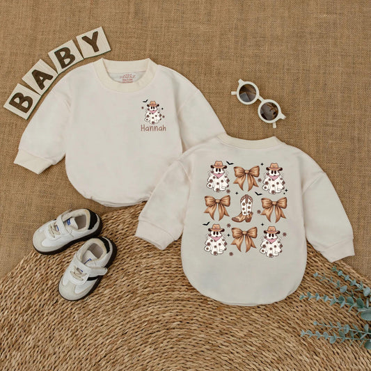 Personalized Hannah Ghost Cowboy Baby Romper Halloween Bodysuit, Western Baby Girl Outfit, My First Halloween Gift, Cute Cowboy Ghost Design