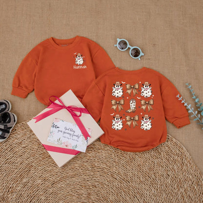 Personalized Hannah Ghost Cowboy Baby Romper Halloween Bodysuit, Western Baby Girl Outfit, My First Halloween Gift, Cute Cowboy Ghost Design