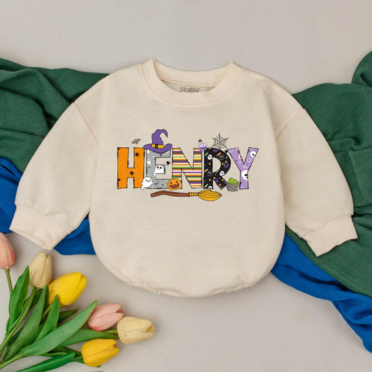 Personalized Name First Halloween Baby Romper Spooky One Bodysuit, Cute Little Fall Baby Shower Gift, My 1st Halloween Boo Outfit