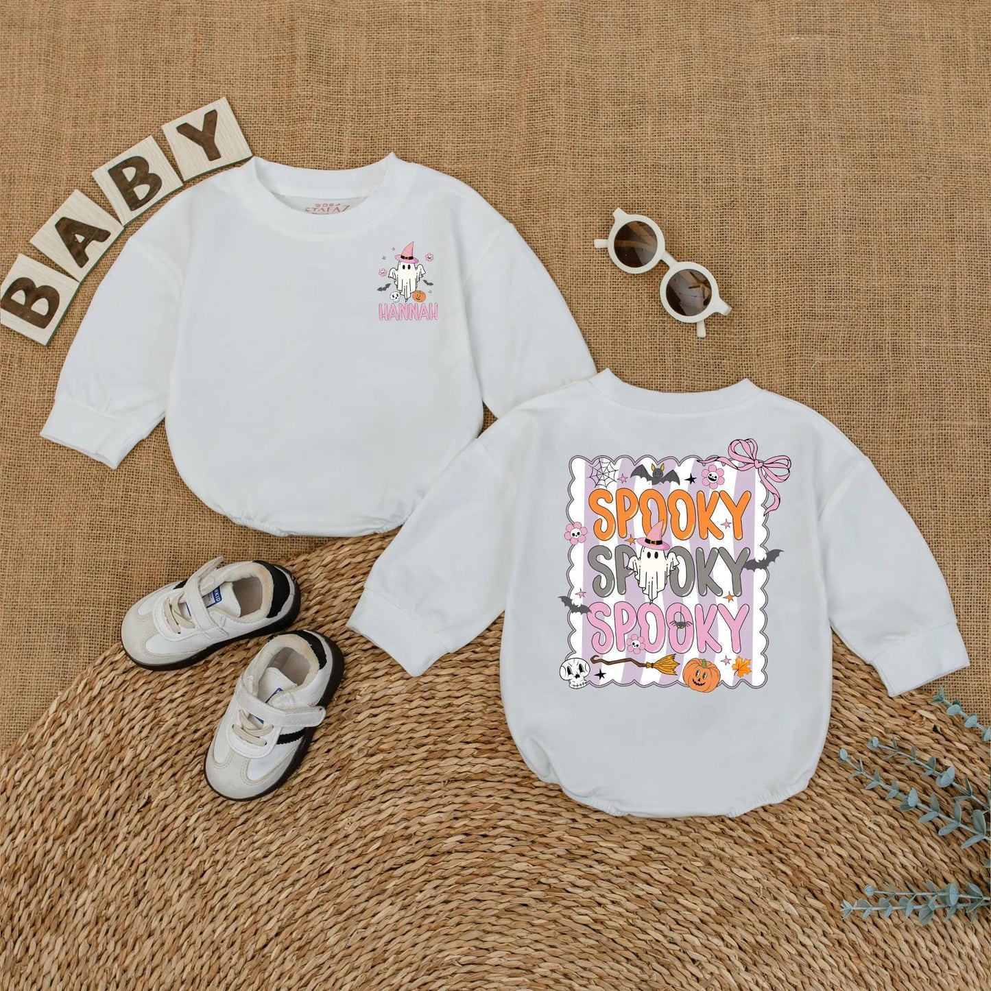 Personalized Cute Ghost Baby Romper Spooky Halloween Outfit Custom Name Spooky Season Baby Clothes