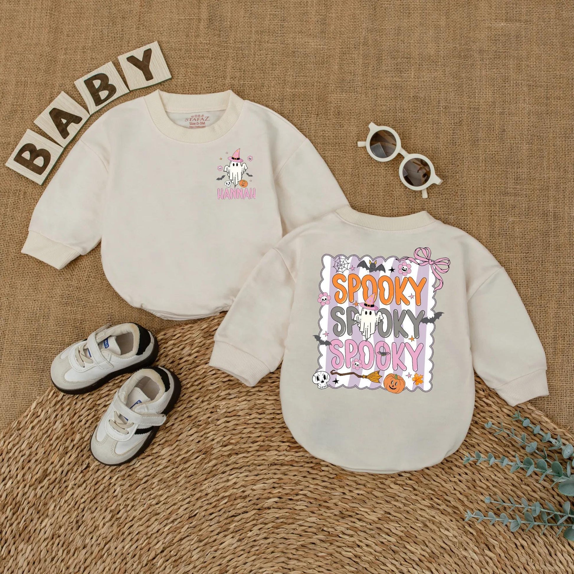 Personalized Cute Ghost Baby Romper Spooky Halloween Outfit Custom Name Spooky Season Baby Clothes