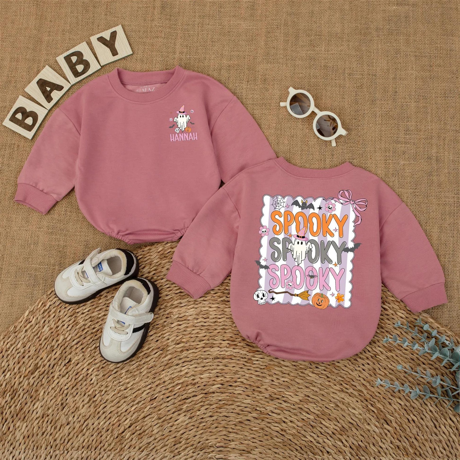 Personalized Cute Ghost Baby Romper Spooky Halloween Outfit Custom Name Spooky Season Baby Clothes