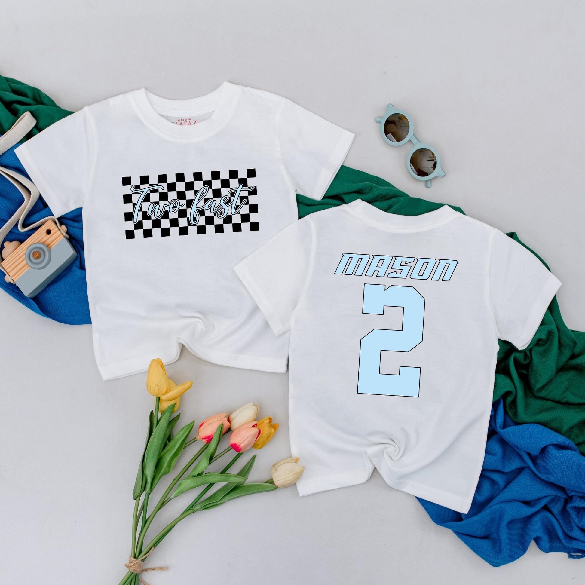 Personalized Two Fast Race Car Shirt Second Birthday Boy Outfit Fun Checkered 2 Year Old Toddler Party Gift Idea with Custom Name Number