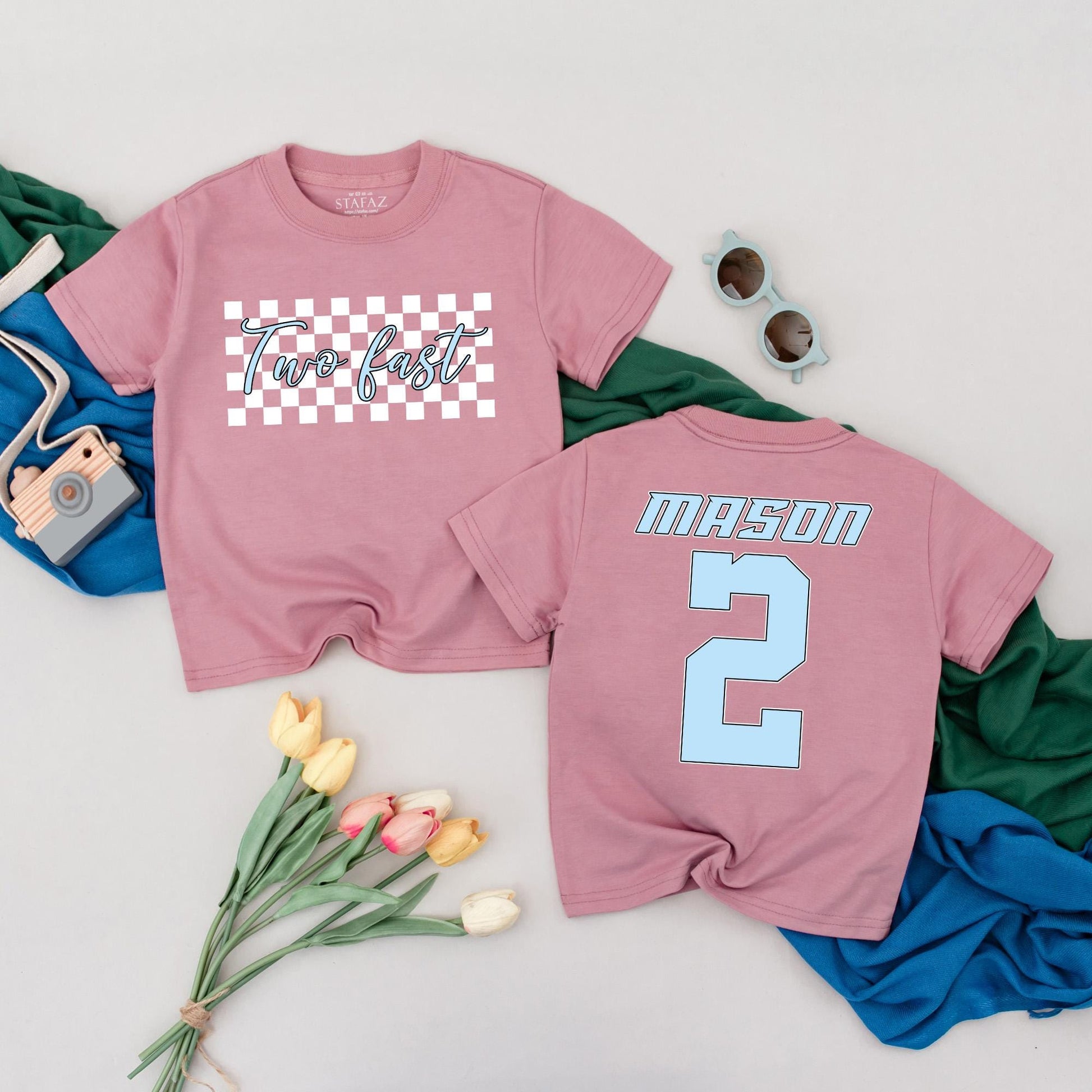 Personalized Two Fast Race Car Shirt Second Birthday Boy Outfit Fun Checkered 2 Year Old Toddler Party Gift Idea with Custom Name Number